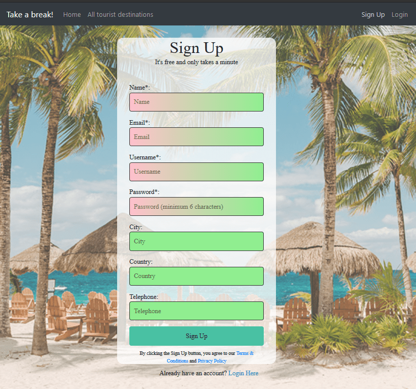 Tourism sign-in page